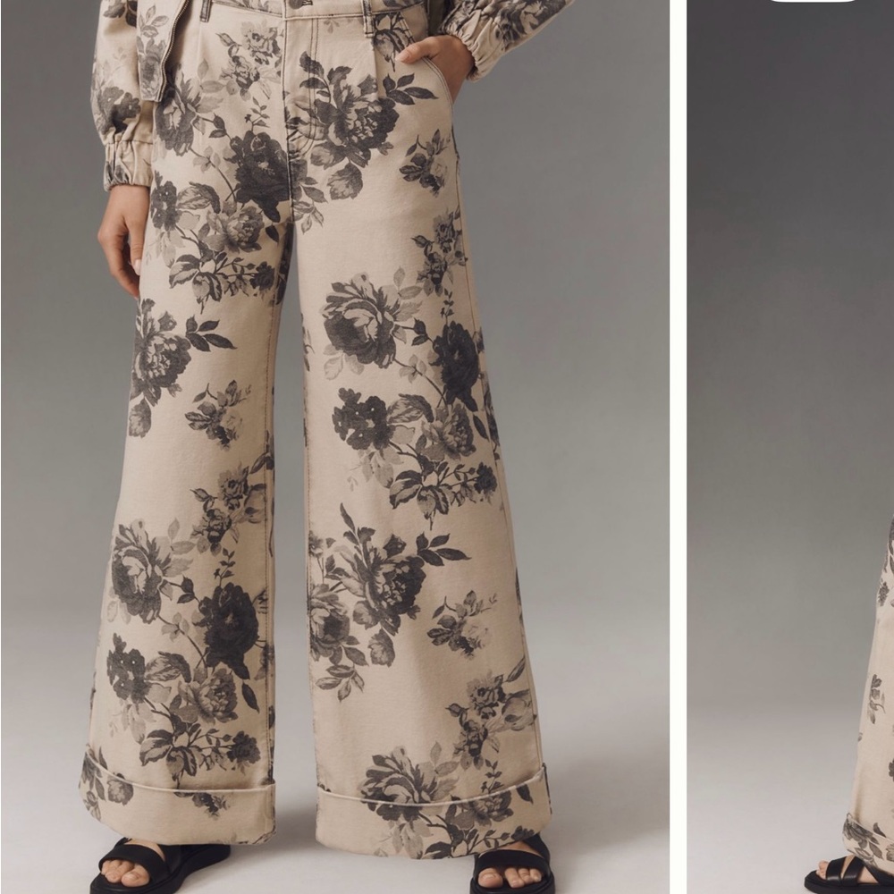 Anthropologie Black Floral Wide-Leg Pants